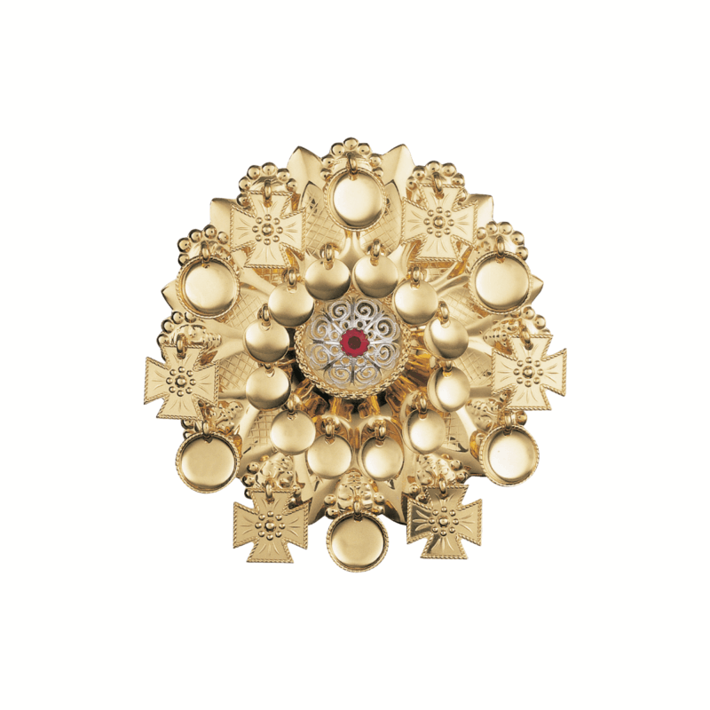 147600 - Sølje med raud stein, forgylt